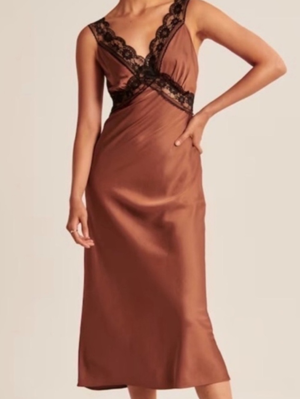 Abercrombie & Fitch Brown Satin Maxi Slip Dress with Black Lace